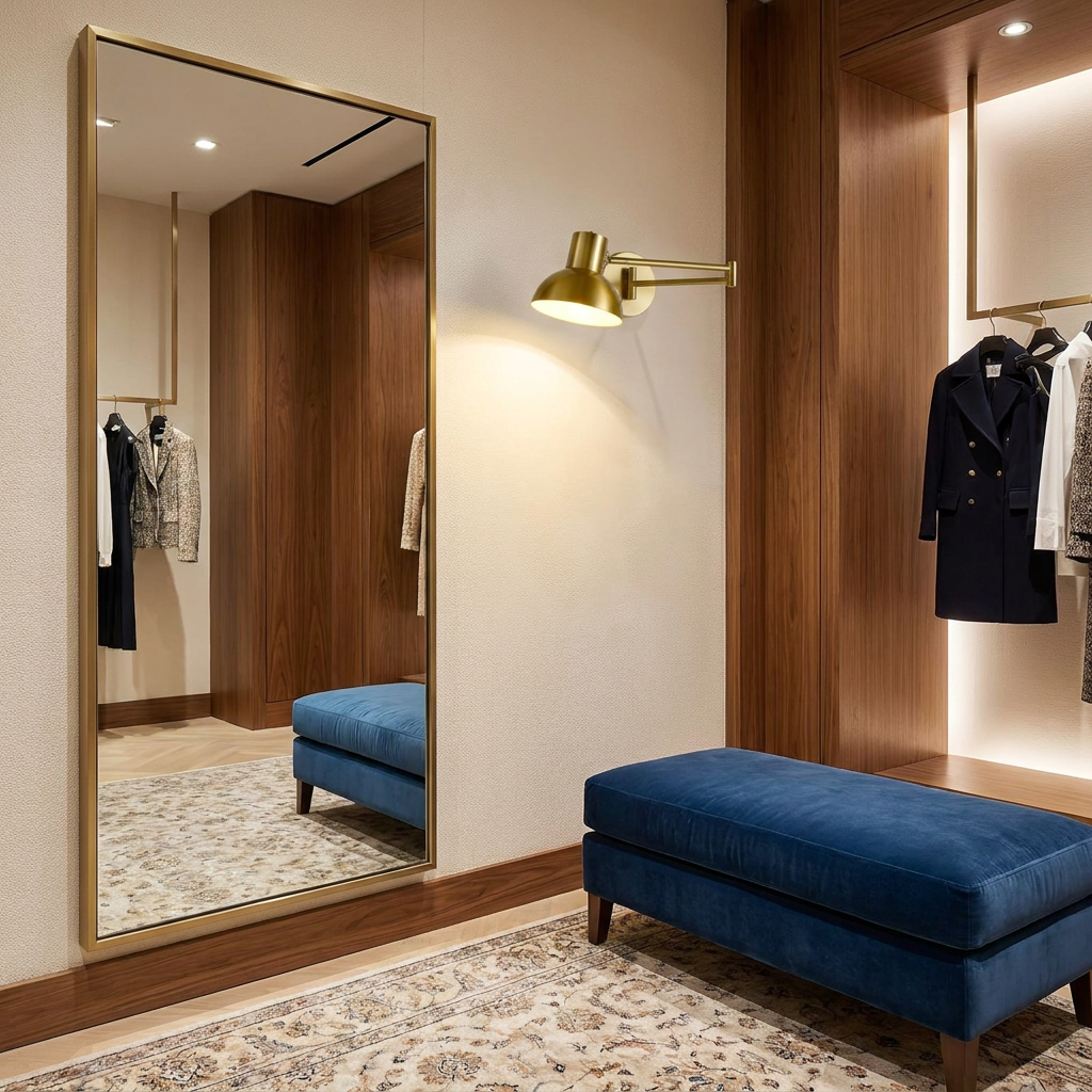 Arley hardwired swing arm reading wall lamp in brushed gold in a retail fitting area