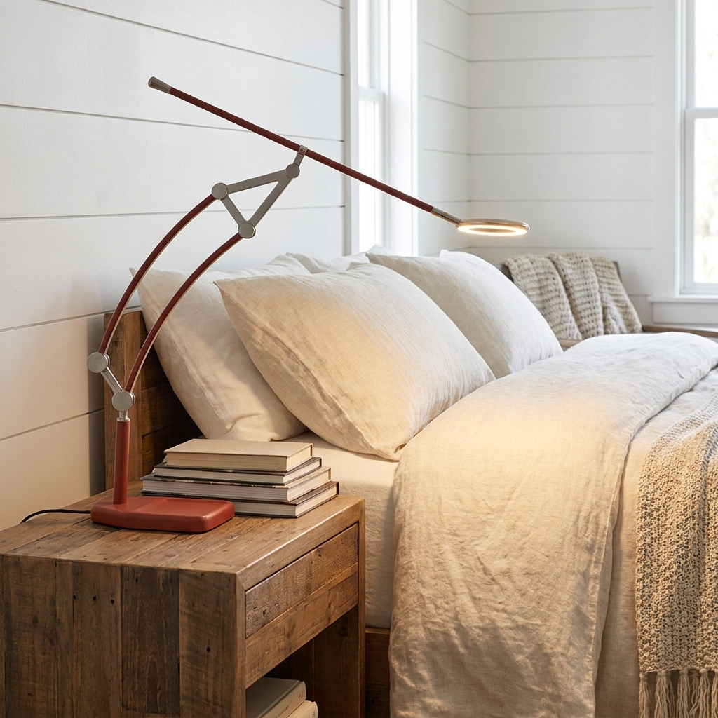 Atlas articulated LED task lamp on a nightstand in a farmhouse bedroom
