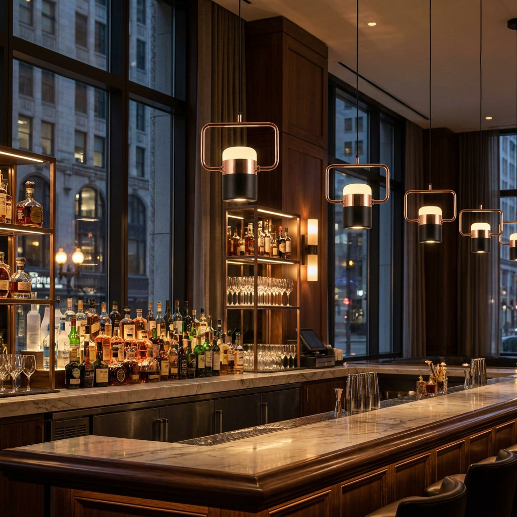 Marisol small LED pendant light over a bar counter in a restaurant