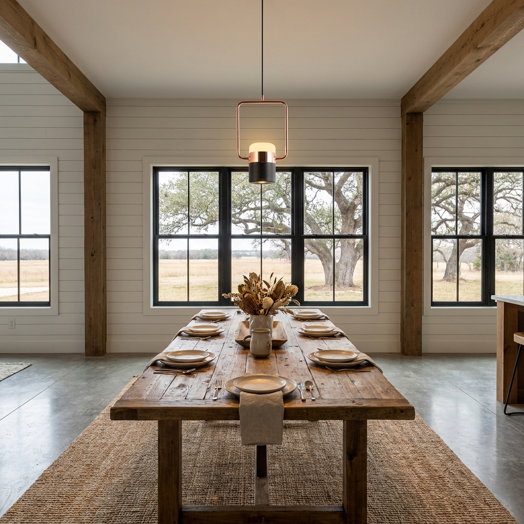 Marisol LED pendant light over a dining table in a farmhouse
