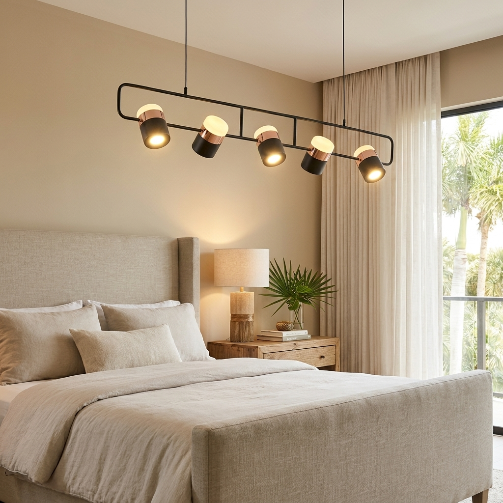 Marisol long linear LED pendant light over a nightstand in a primary bedroom