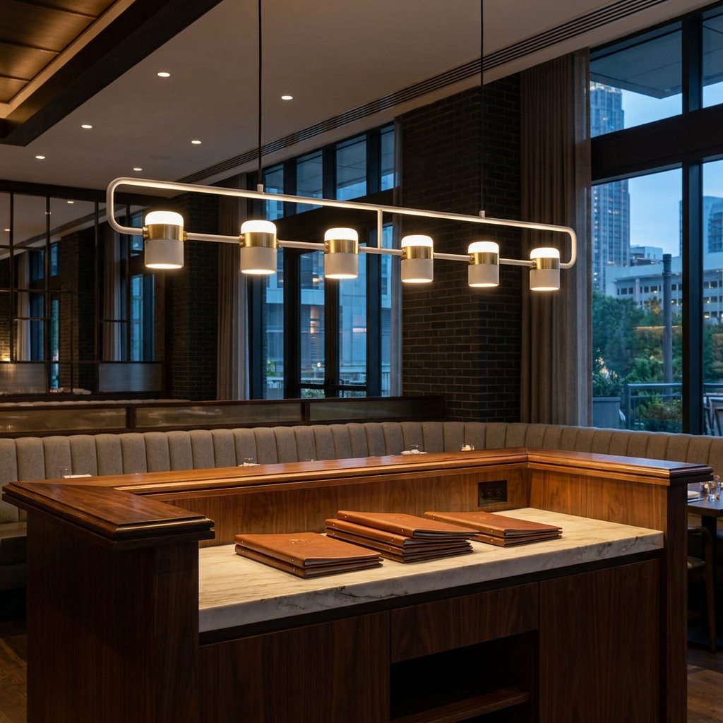 Marisol extra long linear LED pendant light over a hostess stand
