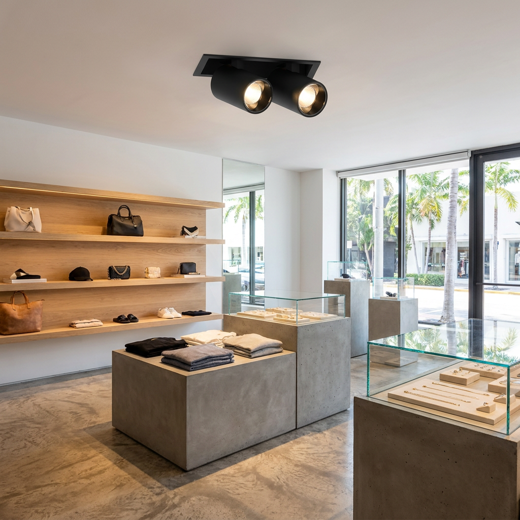 Cielo double head black adjustable recessed LED spotlight in a retail store ceiling