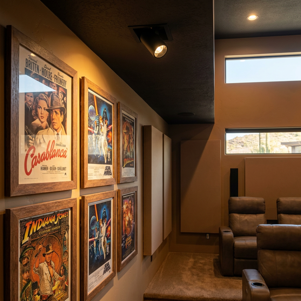 Cielo single head black adjustable recessed LED spotlight in a home theater ceiling