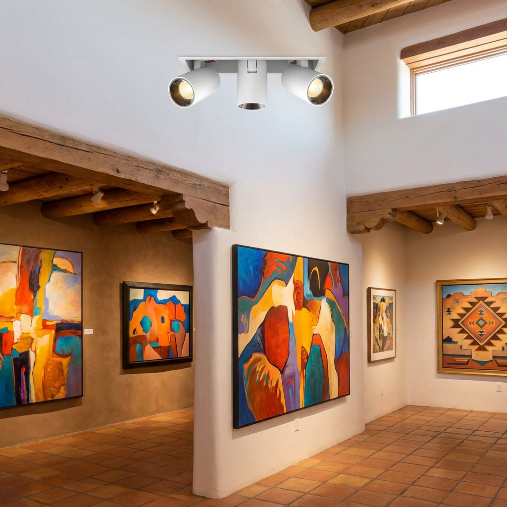 Cielo triple head white adjustable recessed LED spotlight in an art gallery ceiling