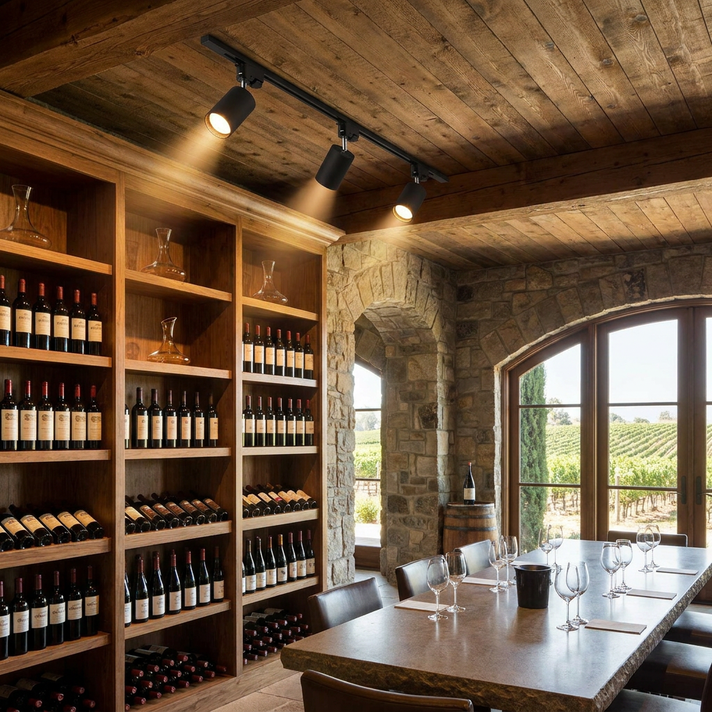 Rennick black LED track light in a wine cellar tasting room