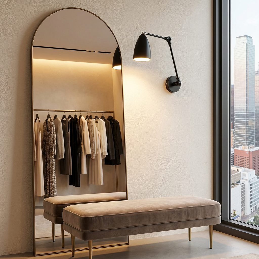 Bennett black double swing arm wall sconce in a retail fitting area