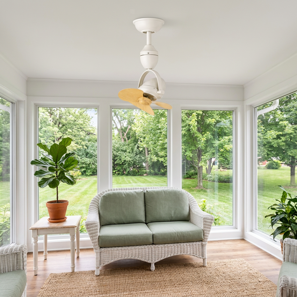 Rotella Pivot Ceiling Fan in White & Wood Color in a Minneapolis sunroom