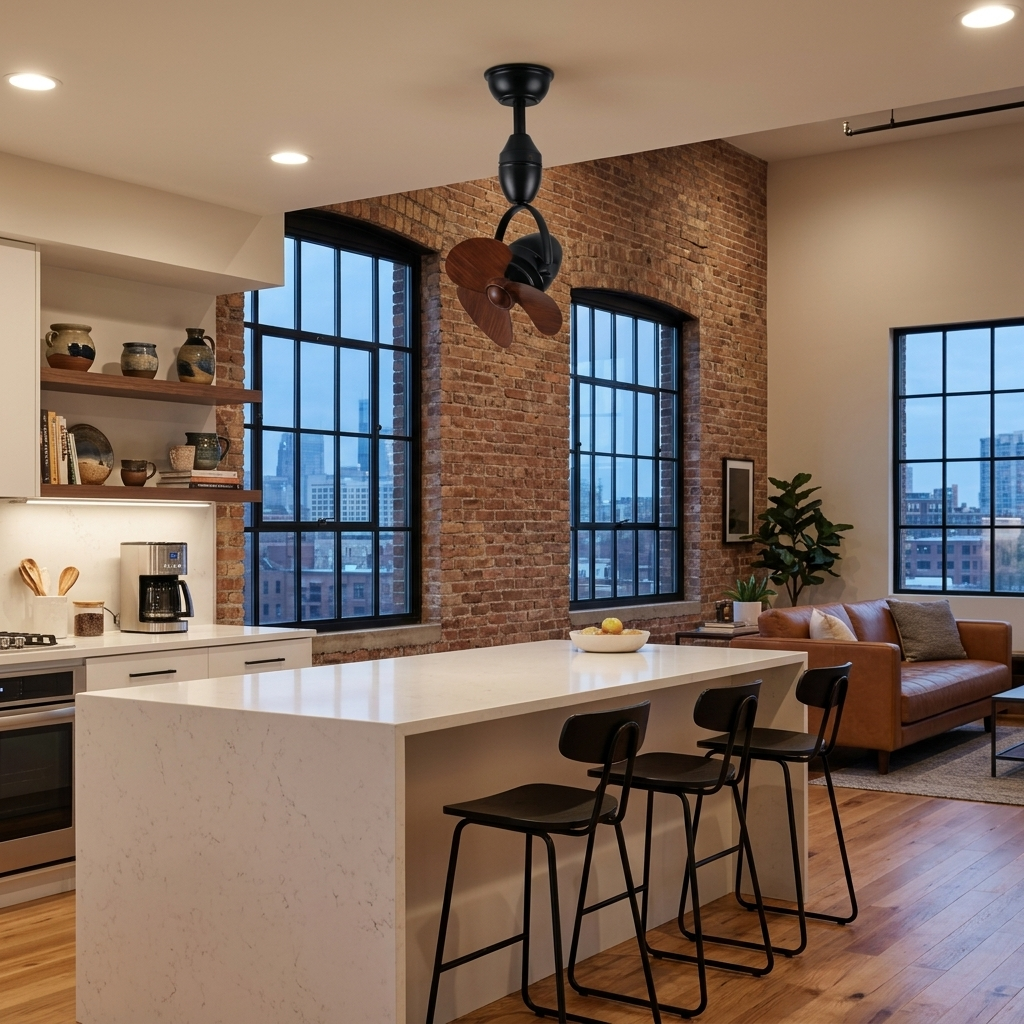 Rotella Pivot Ceiling Fan in Black & Walnut Color in a Chicago loft kitchen