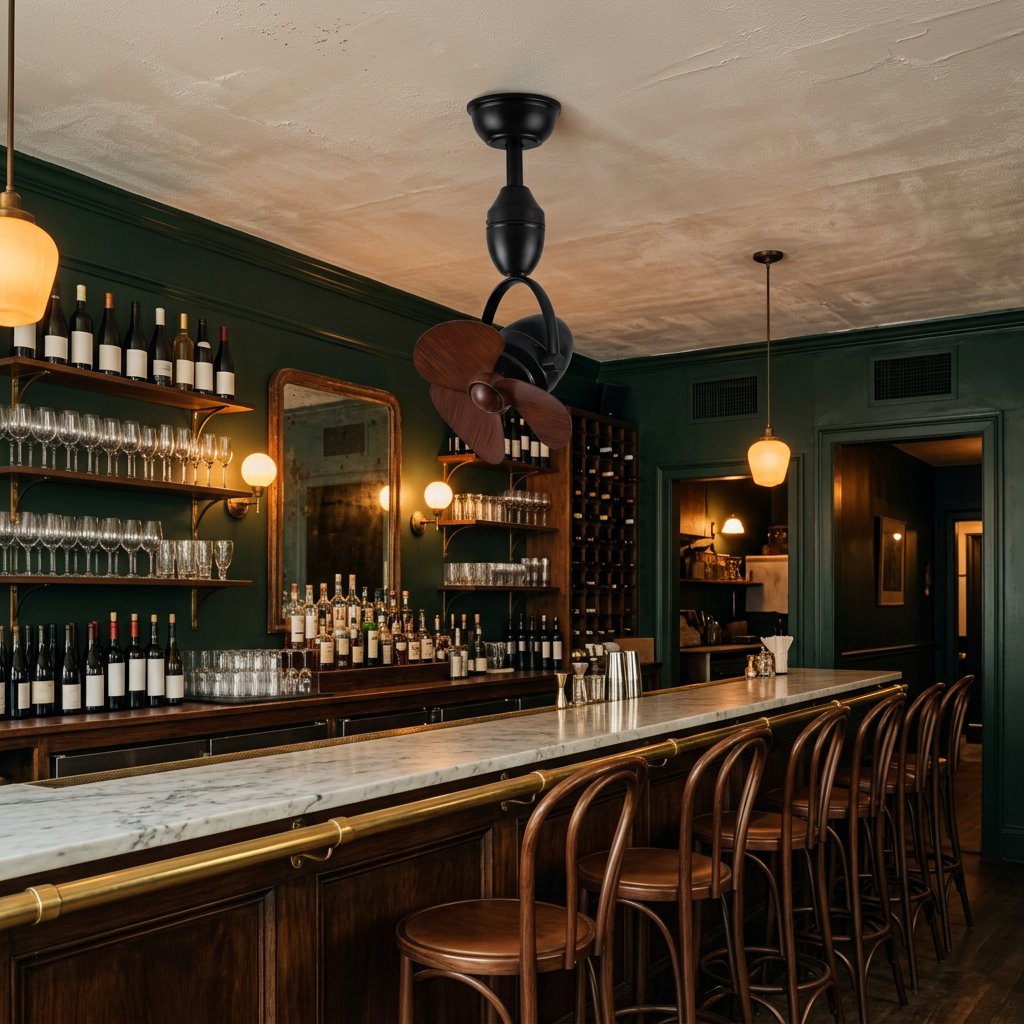 Rotella Pivot Ceiling Fan in Black & Walnut Color in a New Orleans restaurant bar