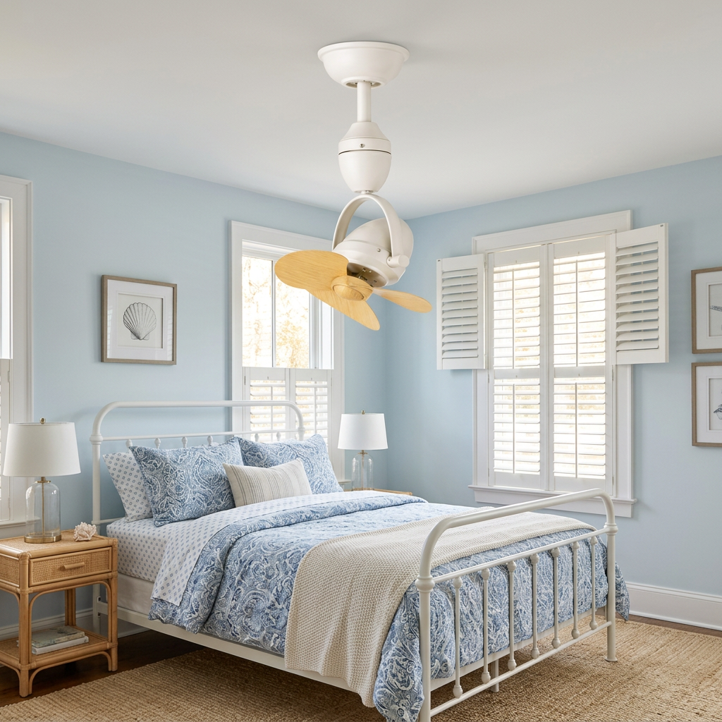 Rotella Pivot Ceiling Fan in White & Wood Color in a Charleston cottage bedroom