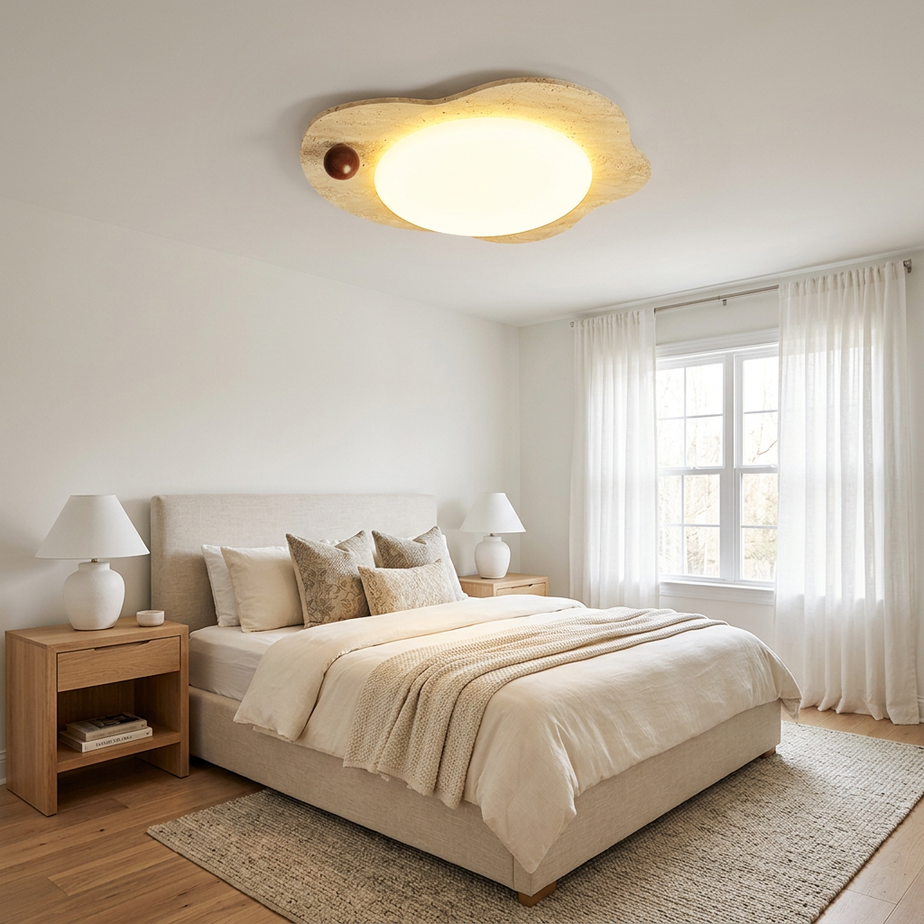 Nuvola Travertine Cloud Ceiling Light in Yellow Travertine & White primary bedroom
