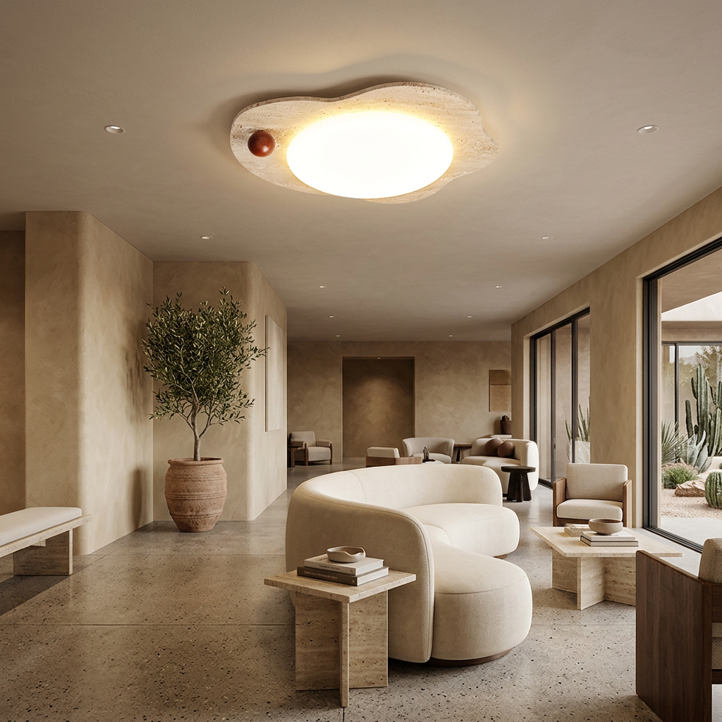 Nuvola Travertine Cloud Ceiling Light in Yellow Travertine & White hotel lobby lounge