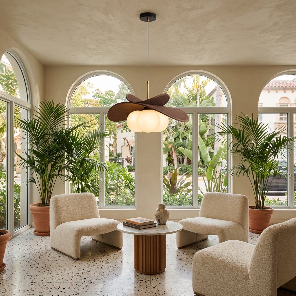 Palmera Raffia Pendant 19.7 in Brown & White in a hotel lobby lounge