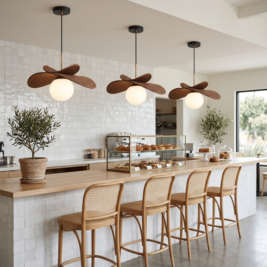 Palmera Raffia Pendant in Brown & White over a cafe counter
