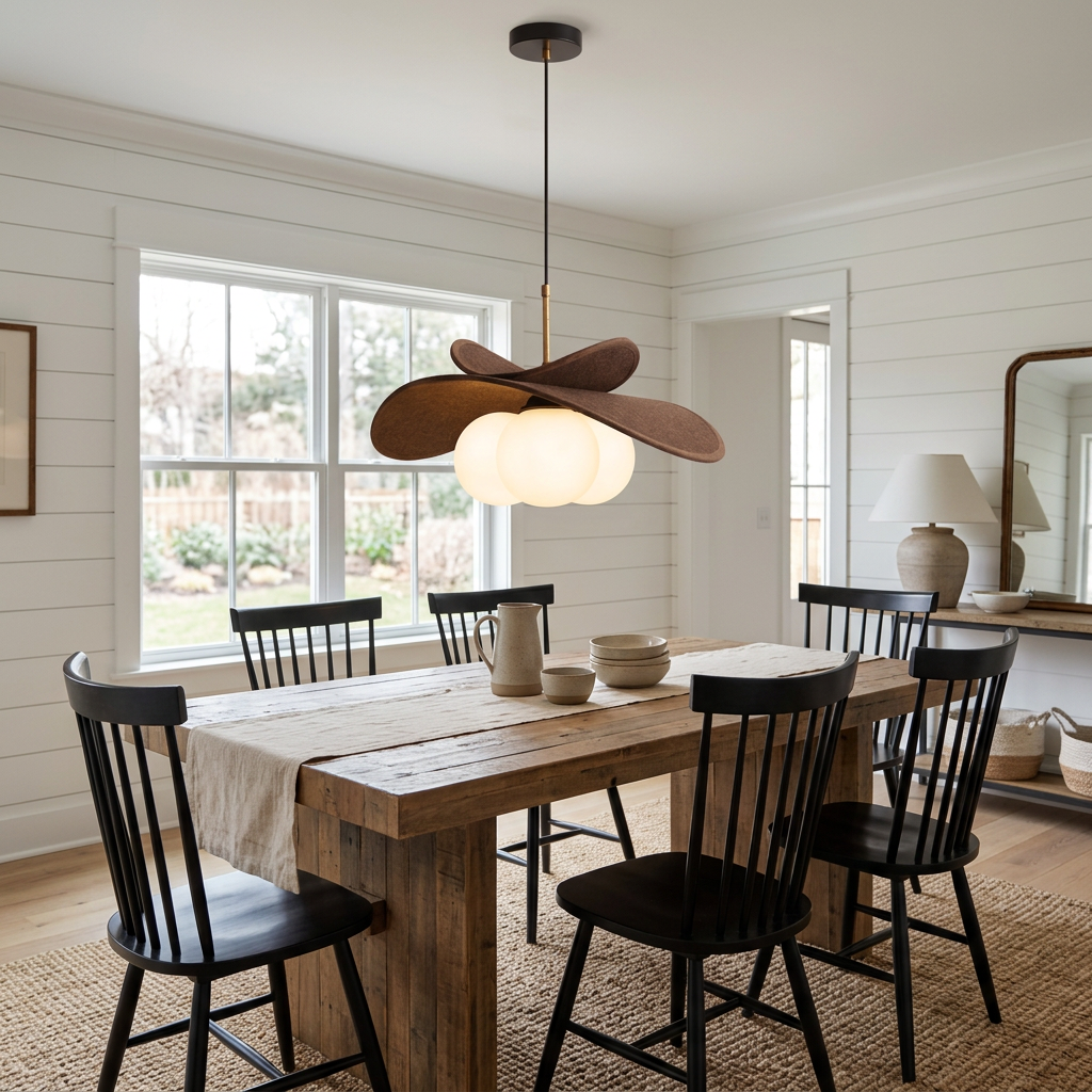 Palmera Raffia Pendant 19.7 in Brown & White over a farmhouse dining table