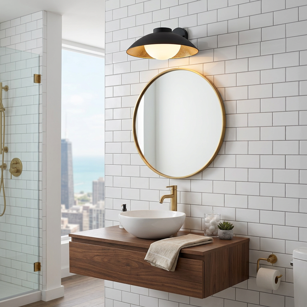 Ombrelle Dome Light in Black & Gold above a bathroom vanity mirror