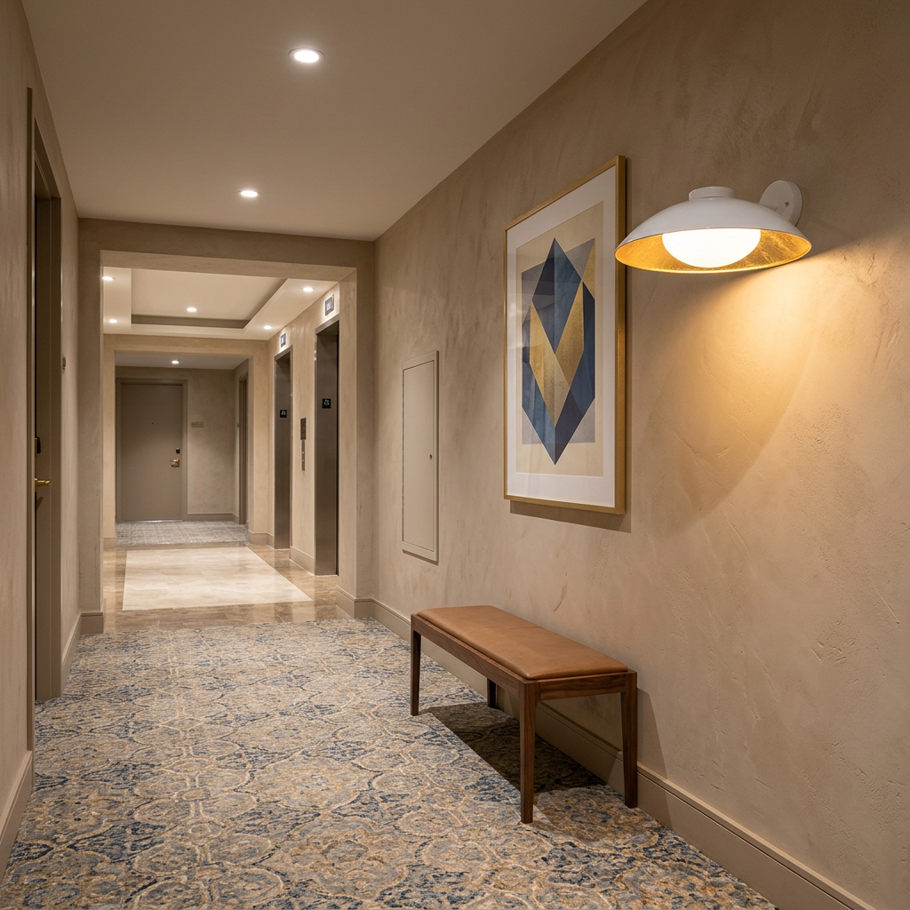 Ombrelle Dome Light in White & Gold wall-mounted in a hotel corridor