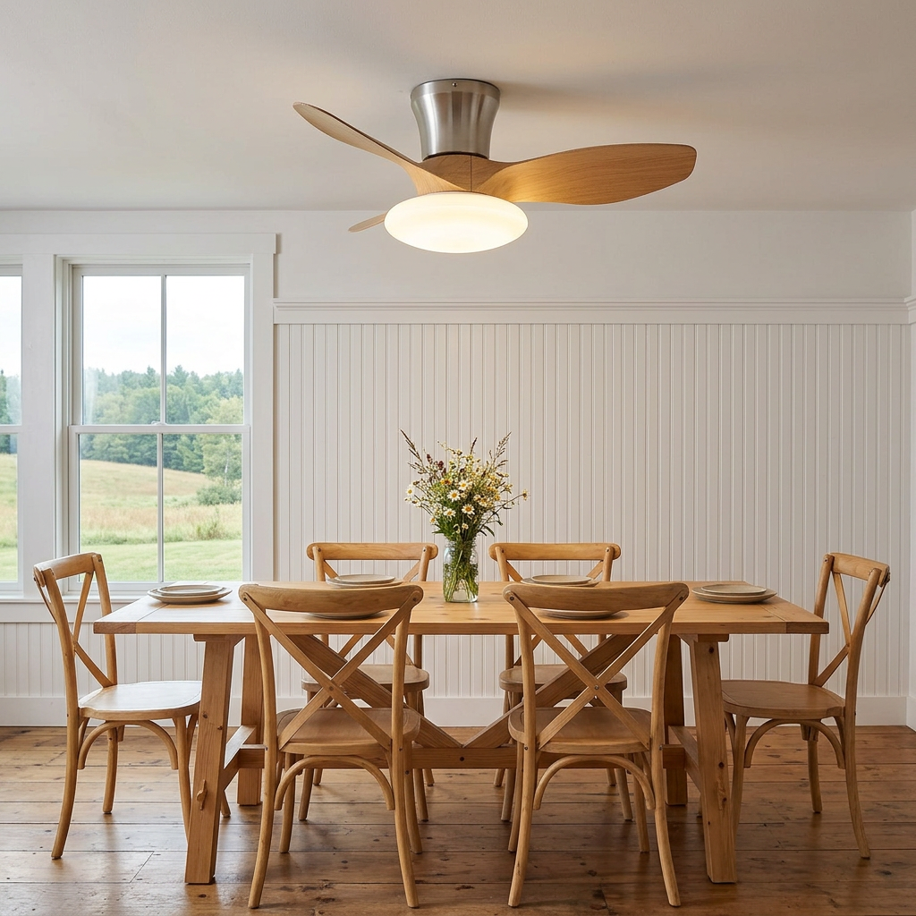 Brezza Ceiling Fan in Wood Color & Nickel in a farmhouse dining room