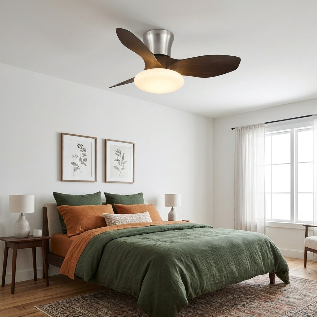 Brezza Ceiling Fan in Walnut Color & Nickel in a hotel guest room