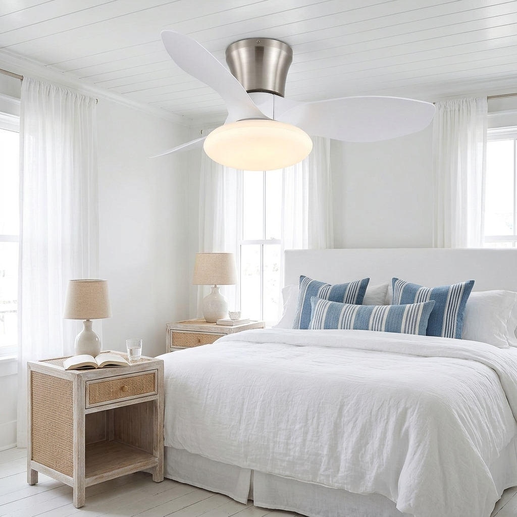 Brezza Ceiling Fan in White & Nickel in a coastal bedroom