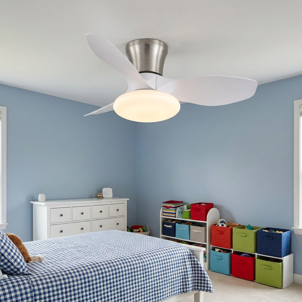 Brezza Ceiling Fan in White & Nickel in a kids bedroom