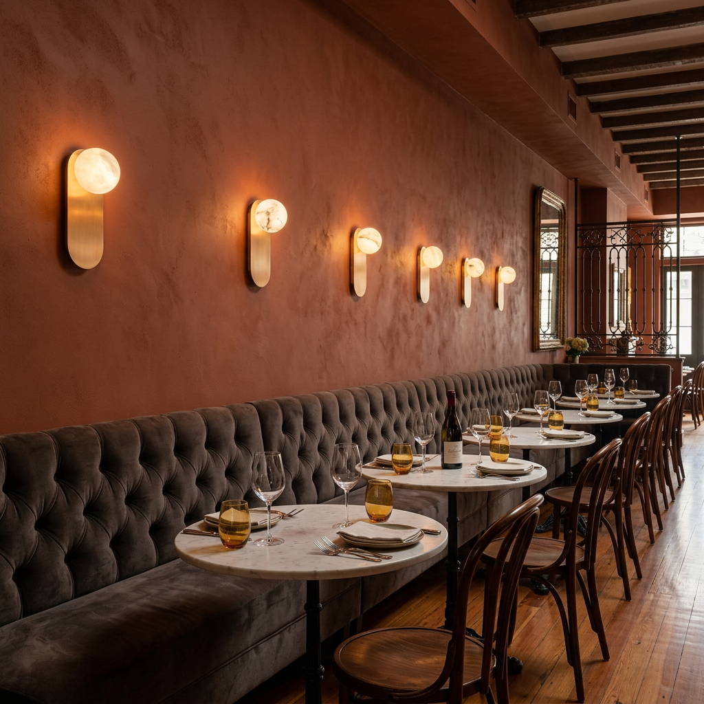 Corisande Alabaster Wall Sconce in Copper & White above restaurant banquette seating