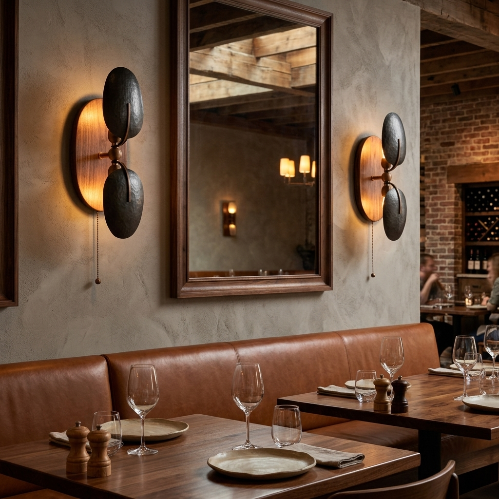 Eventail Wall Sconce in Black & Walnut, restaurant dining room in Nashville