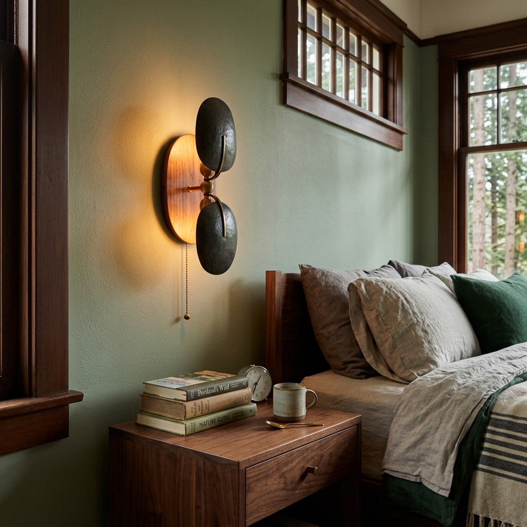 Eventail Wall Sconce in Black & Walnut, bungalow bedroom in Portland