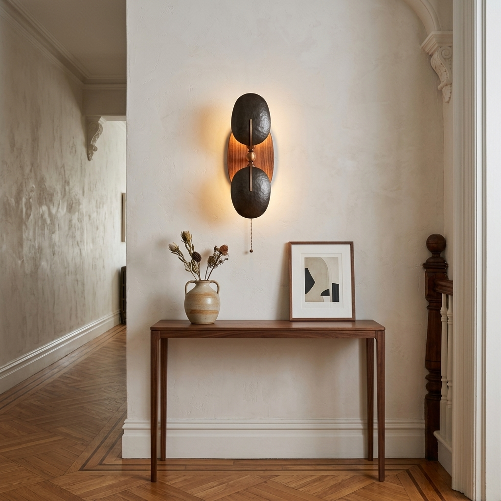 Eventail Wall Sconce in Black & Walnut, brownstone hallway in Brooklyn