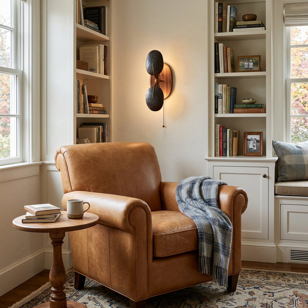 Eventail Wall Sconce in Black & Walnut, reading nook in Boston