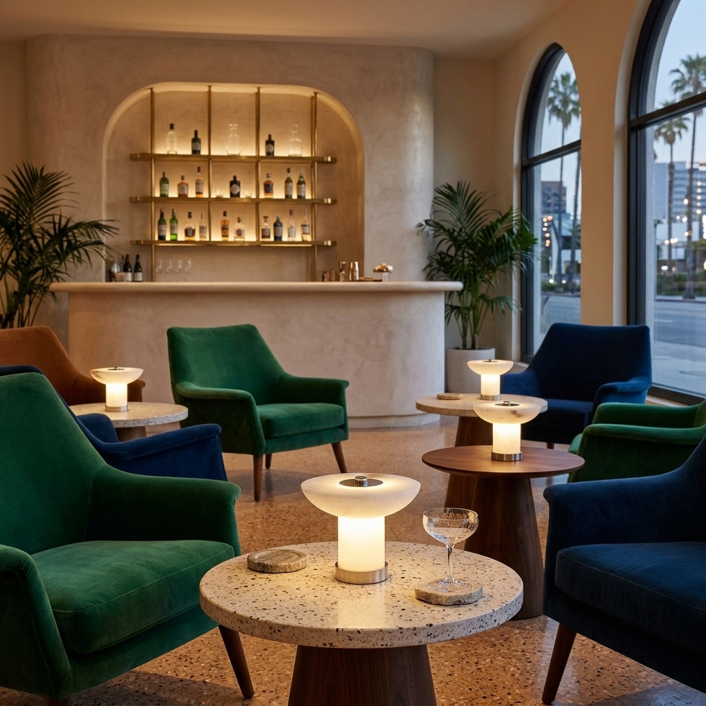 Lunaire Alabaster Cordless Lamp in Chrome & White in a hotel lobby bar