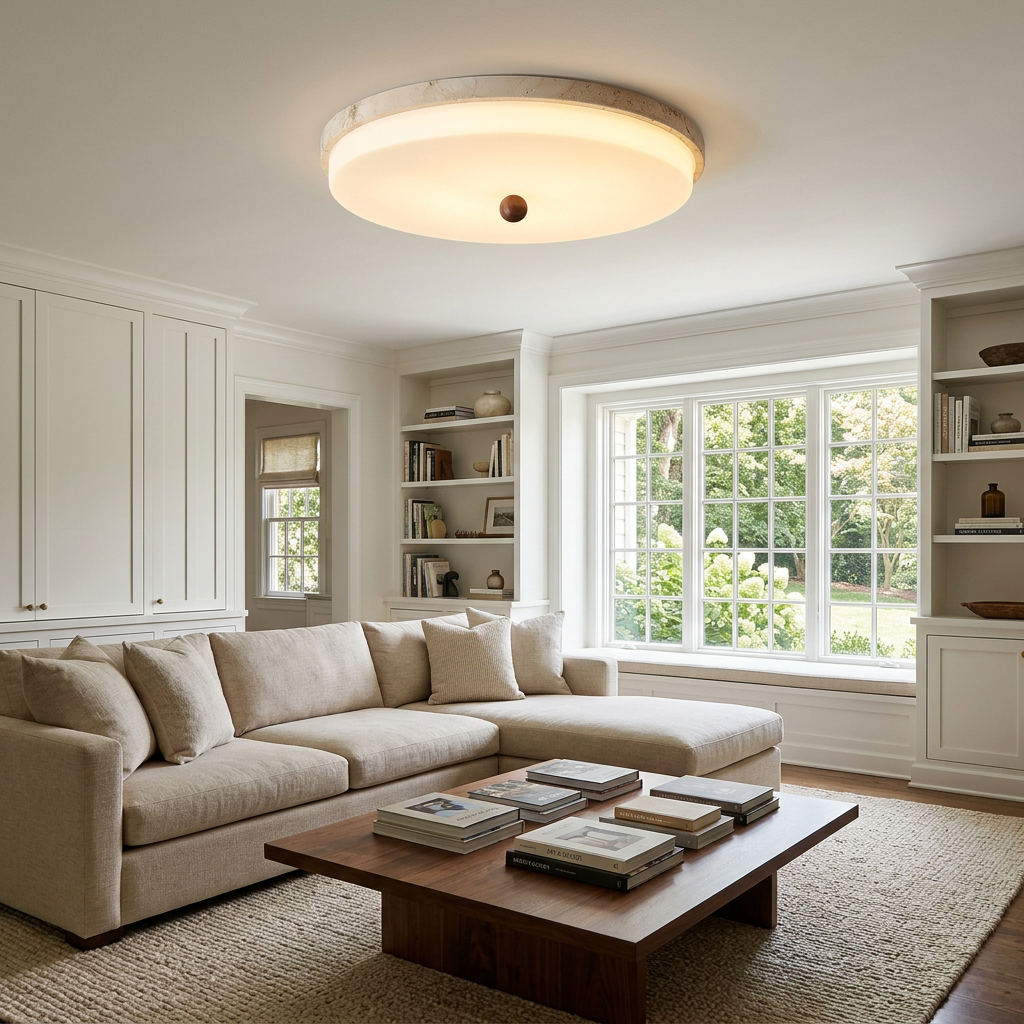 Saverio Travertine Ring Flush Mount in Yellow Travertine & White family room