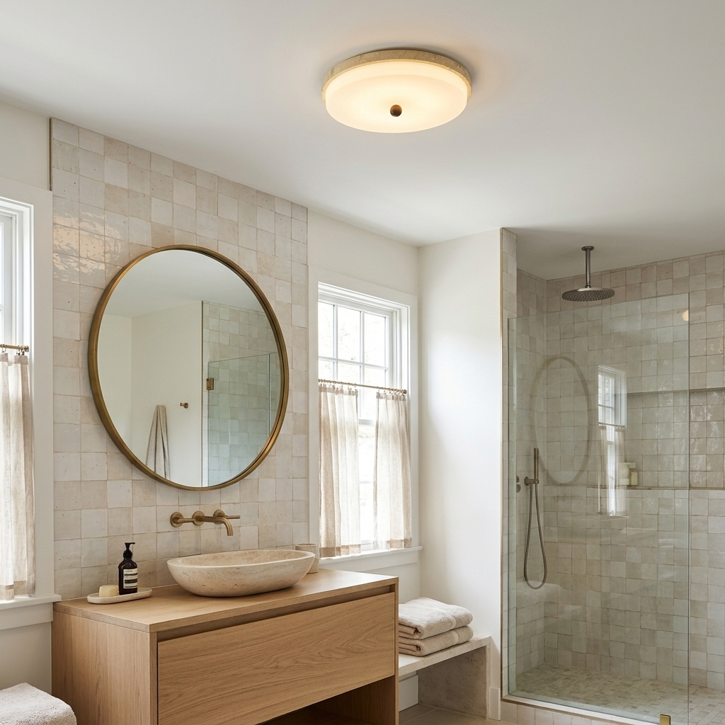 Saverio Travertine Ring Flush Mount in Yellow Travertine & White primary bathroom