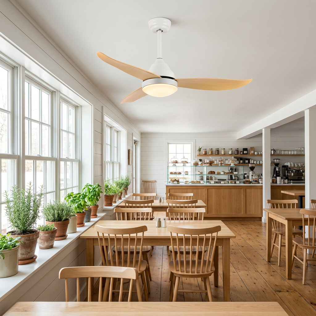 Alize Ceiling Fan Light in Wood color in a Burlington cafe