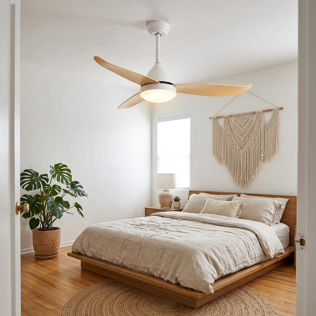 Alize Ceiling Fan Light in Wood color in a Los Angeles apartment bedroom