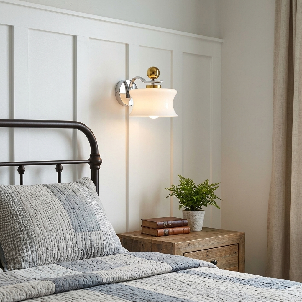 Lucienne Glass Drum Wall Sconce in White in a farmhouse guest bedroom