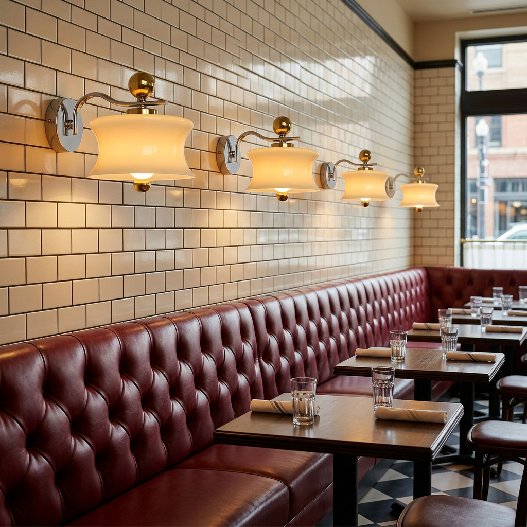 Lucienne Glass Drum Wall Sconce in Beige above bistro booth seating