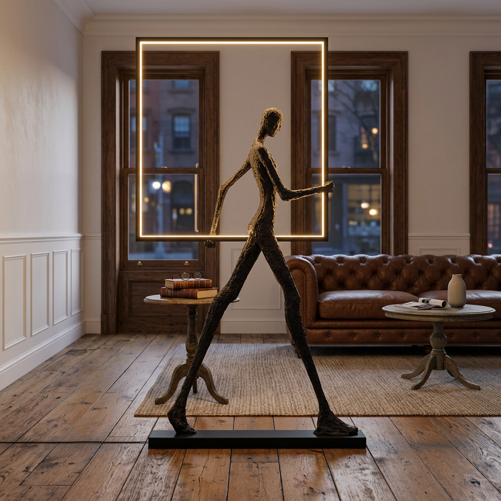 Passeur Sculptural Figure LED Floor Lamp Model A (square) in brownstone living room