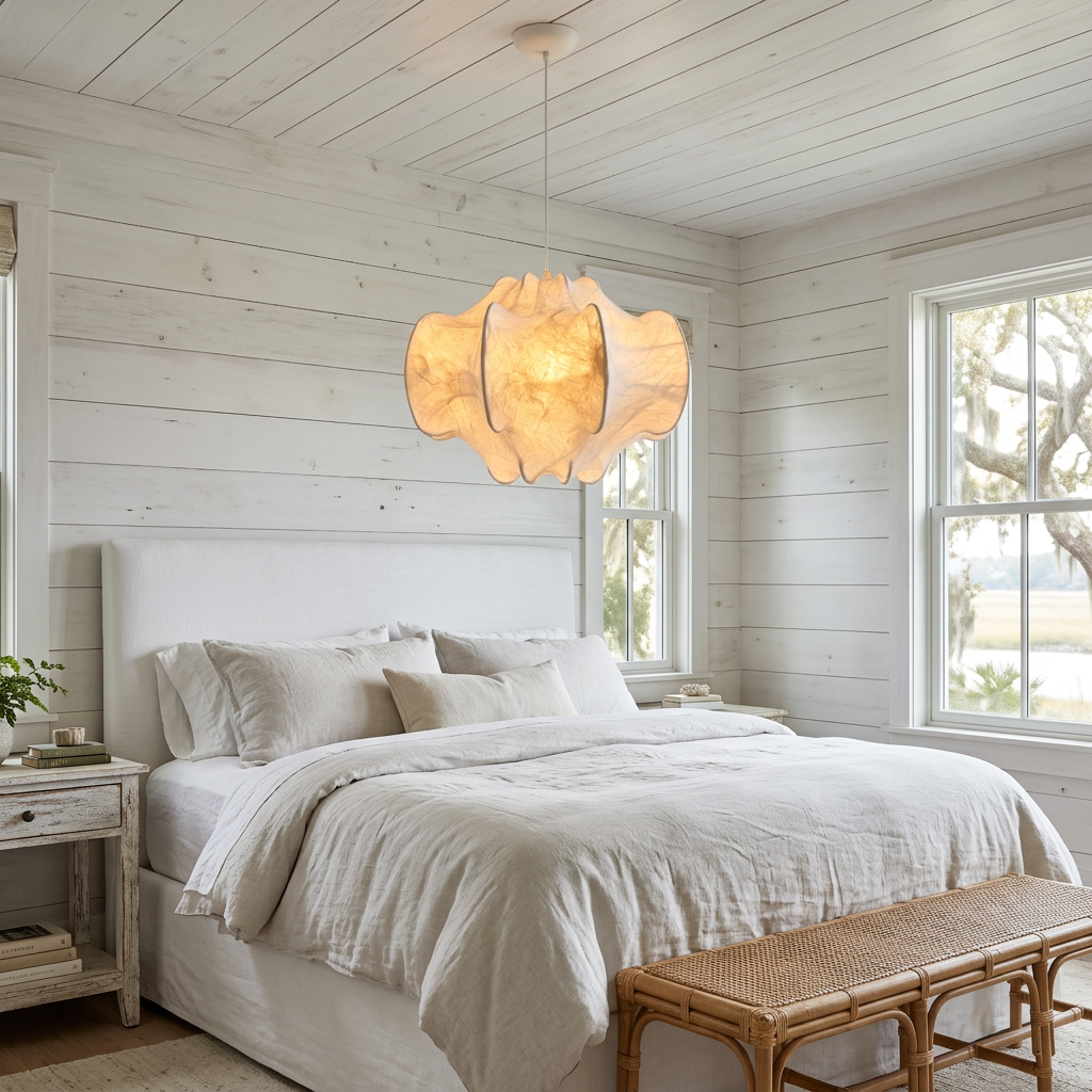 Bombyx Silk Cocoon Pendant Light in White coastal cottage bedroom