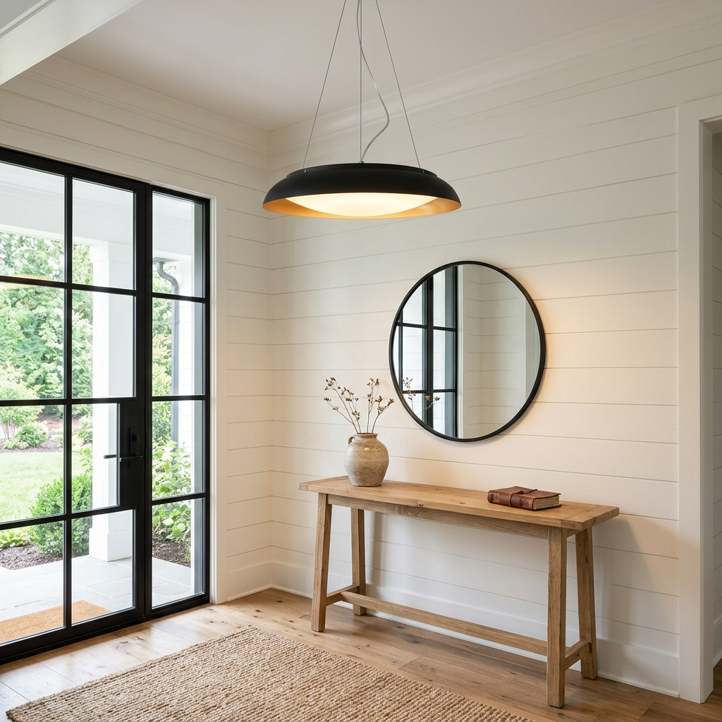 Avenne black disc LED pendant light in a farmhouse entryway