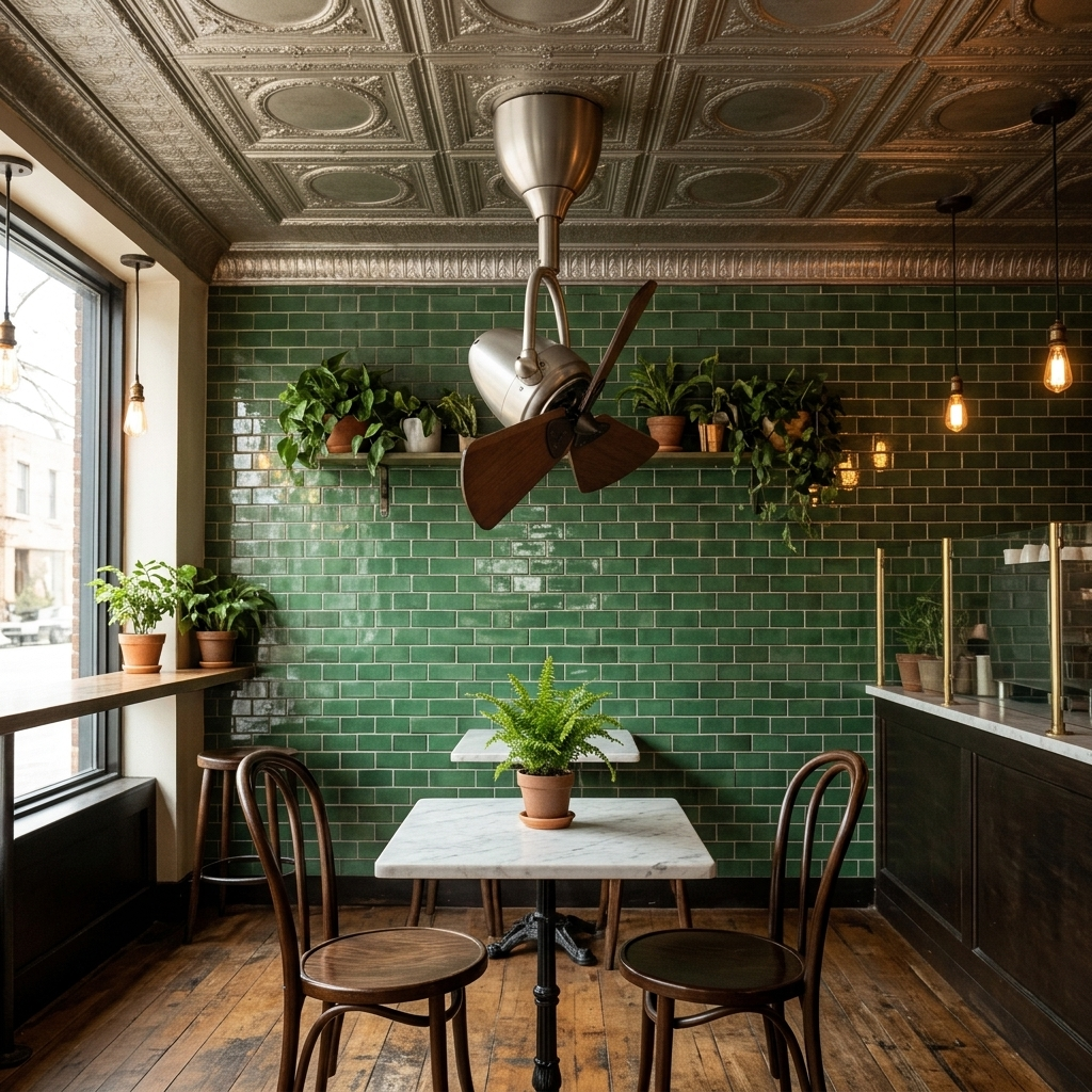 Cyrene walnut articulated ceiling fan above a bistro table in a cafe