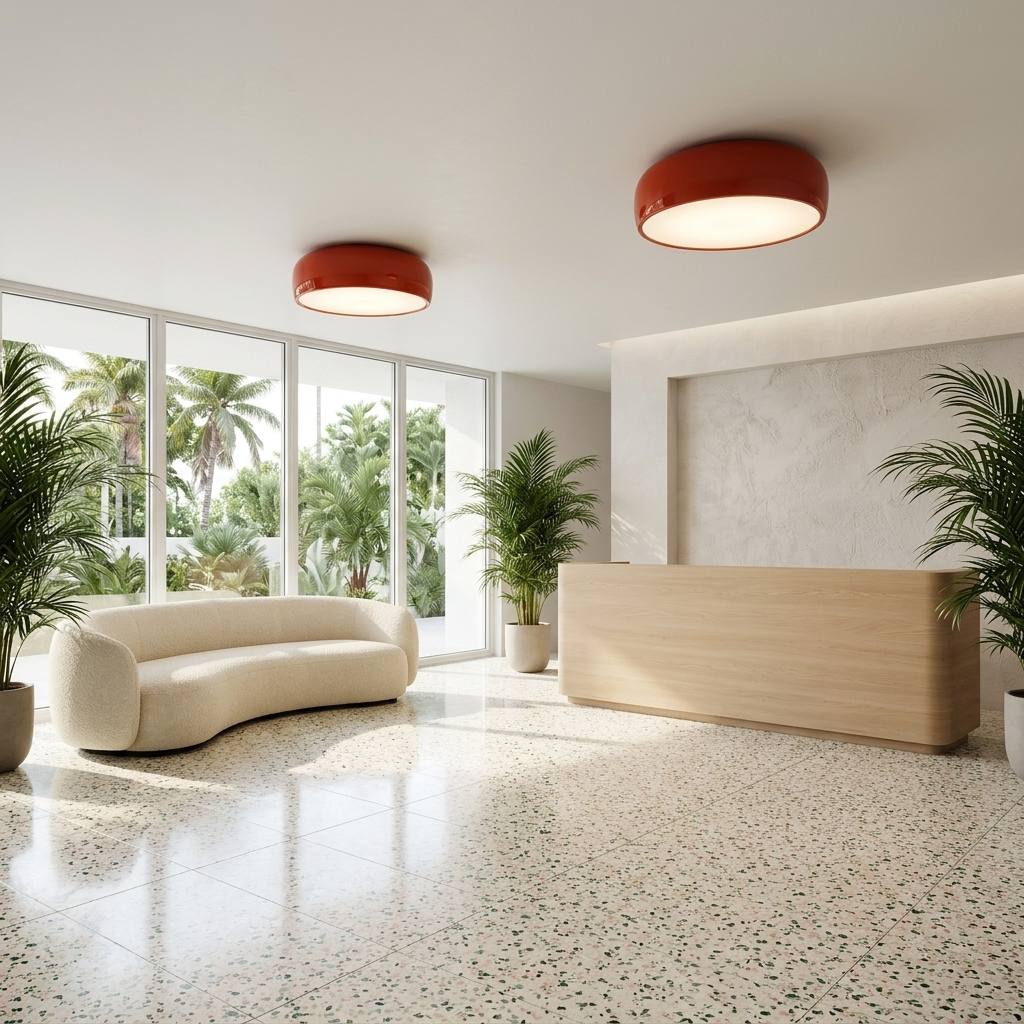 Corvina dome ceiling lights in Red in a hotel lobby