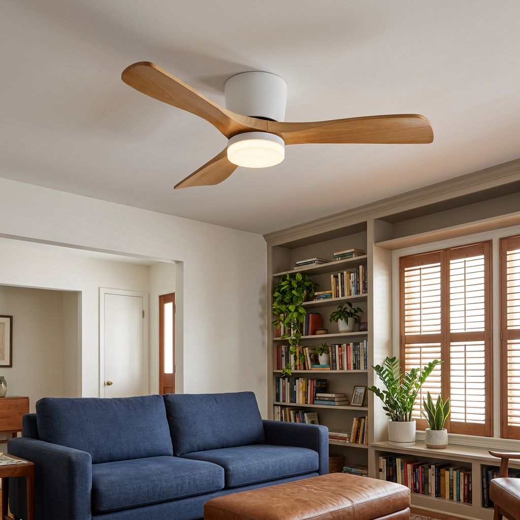 Ilona low profile ceiling fan in Model A Nature Wood & White in a suburban den