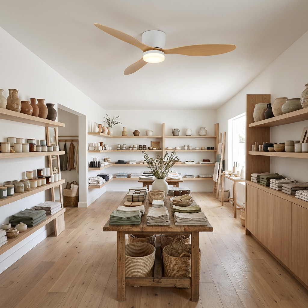 Ilona low profile ceiling fan in Model B Nature Wood & White in a home goods store