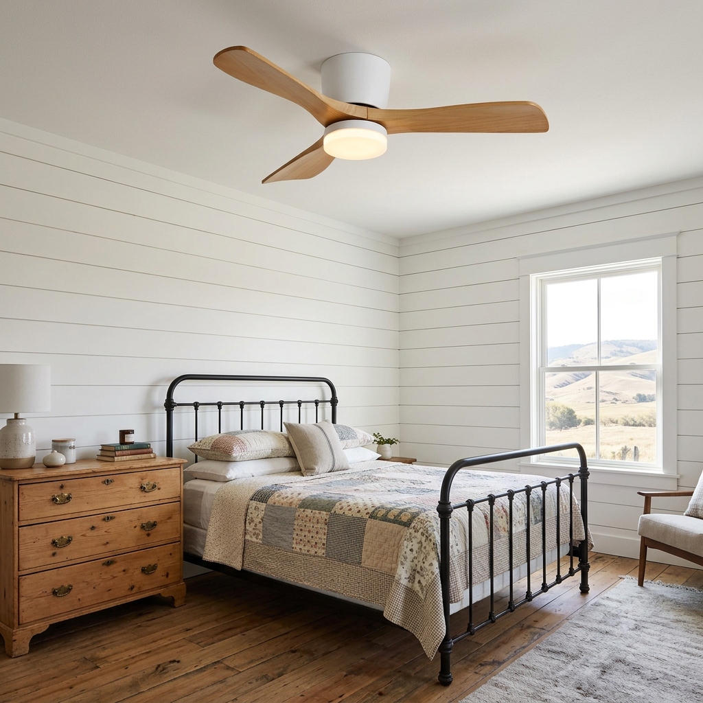 Ilona low profile ceiling fan in Model A Nature Wood & White in a farmhouse bedroom