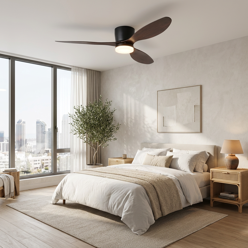 Ilona low profile ceiling fan in Model B Walnut & Black in an apartment bedroom