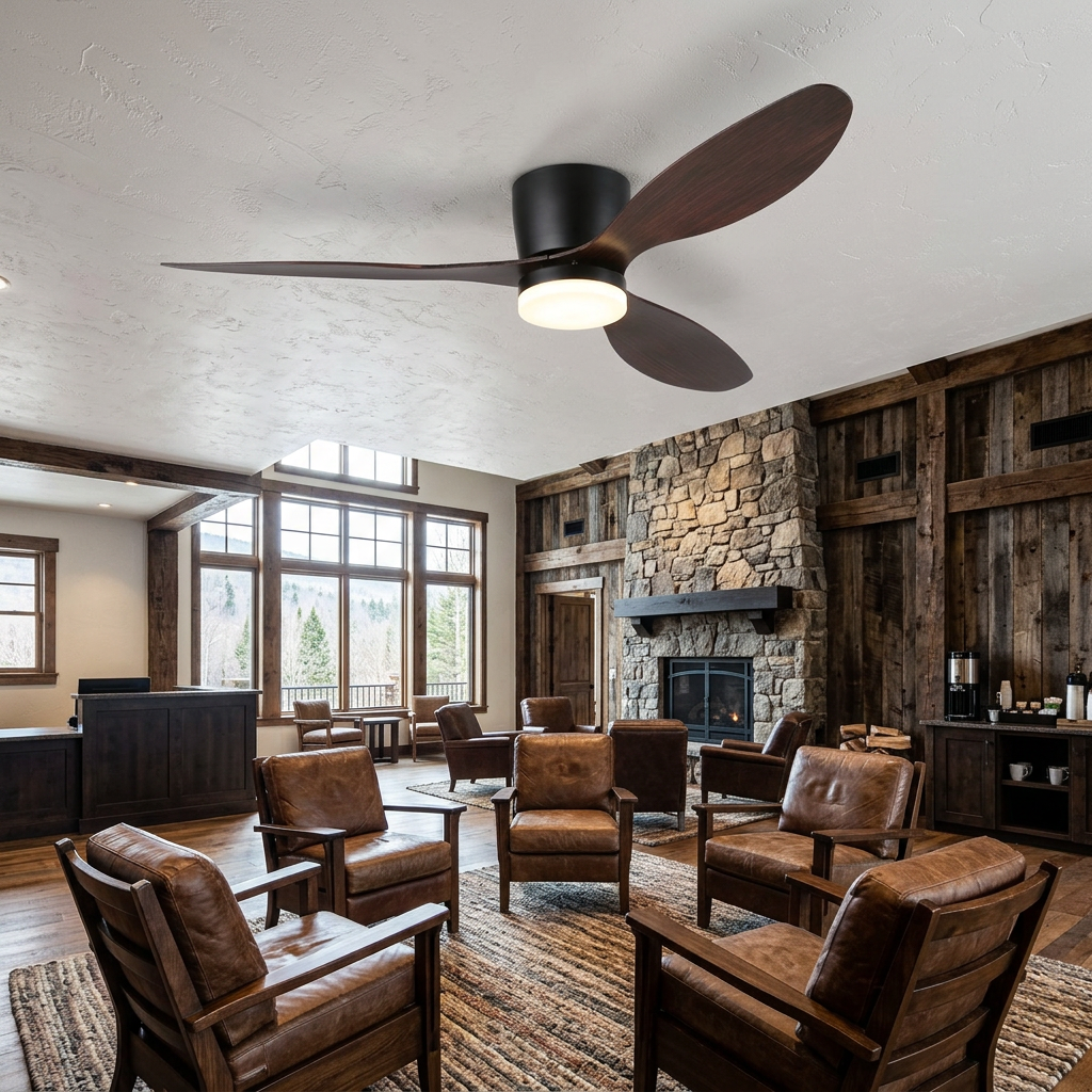 Ilona low profile ceiling fan in Model B Walnut & Black in a hotel lobby lounge