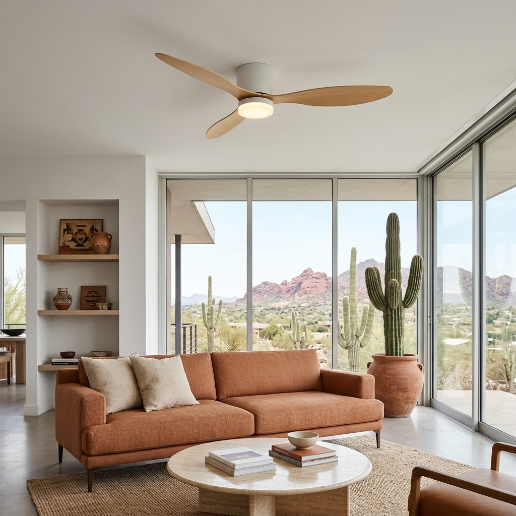 Ilona low profile ceiling fan in Model B Nature Wood & White in an apartment living room