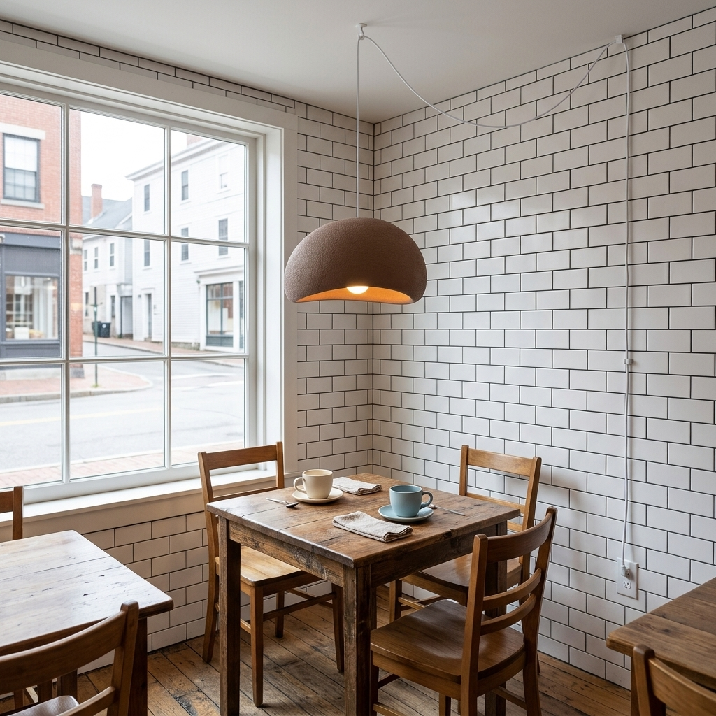 Thessaly cloud plug-in swag pendant light in Brown over a window table in a small cafe